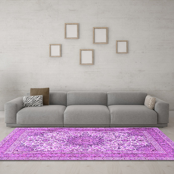 Machine Washable Medallion Purple Traditional Area Rugs in a Living Room, wshtr1051pur