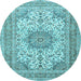 Round Machine Washable Medallion Light Blue Traditional Rug, wshtr1051lblu