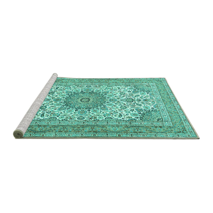 Sideview of Machine Washable Medallion Turquoise Traditional Area Rugs, wshtr1051turq