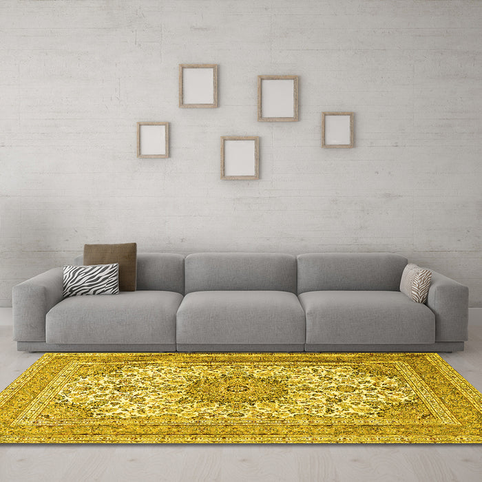 Machine Washable Medallion Yellow Traditional Rug in a Living Room, wshtr1051yw