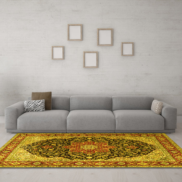 Machine Washable Medallion Yellow Traditional Rug in a Living Room, wshtr1052yw