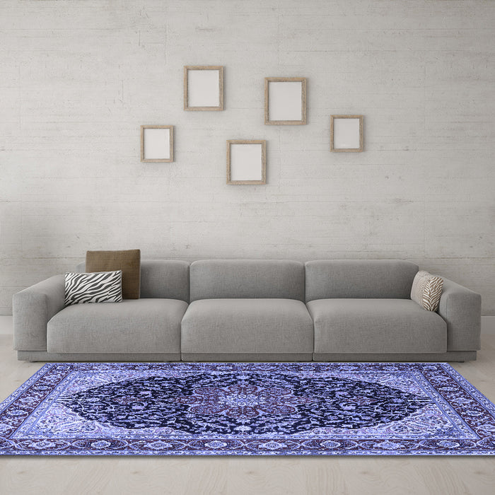 Machine Washable Medallion Blue Traditional Rug in a Living Room, wshtr1052blu