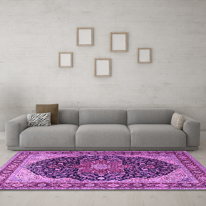 Machine Washable Medallion Purple Traditional Area Rugs in a Living Room, wshtr1052pur