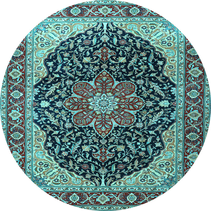 Round Machine Washable Medallion Light Blue Traditional Rug, wshtr1052lblu