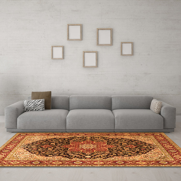 Machine Washable Medallion Orange Traditional Area Rugs in a Living Room, wshtr1052org