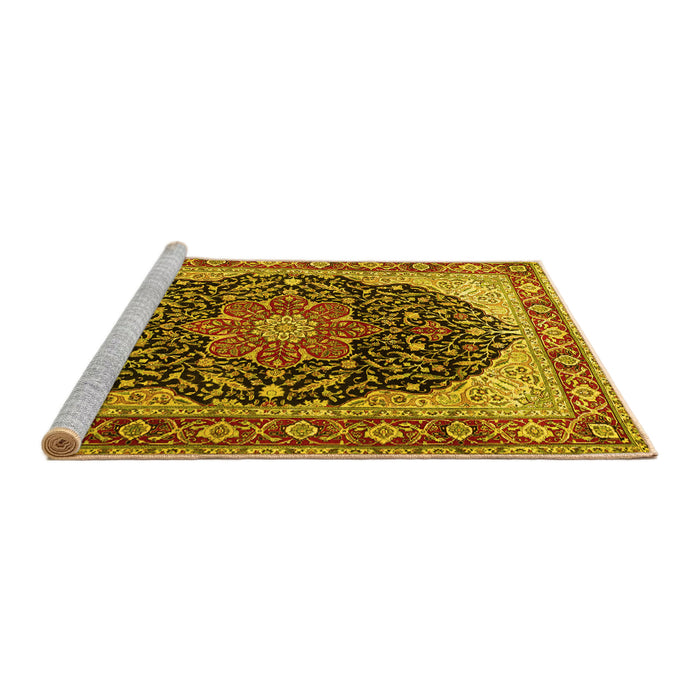 Sideview of Machine Washable Medallion Yellow Traditional Rug, wshtr1052yw
