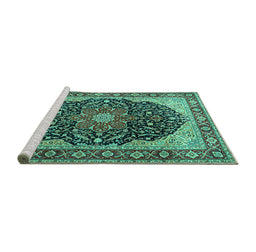 Sideview of Machine Washable Medallion Turquoise Traditional Area Rugs, wshtr1052turq