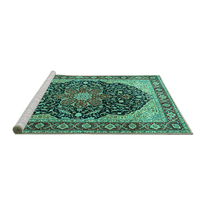 Sideview of Machine Washable Medallion Turquoise Traditional Area Rugs, wshtr1052turq