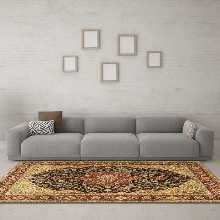 Machine Washable Medallion Brown Traditional Rug in a Living Room,, wshtr1052brn