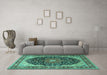 Machine Washable Medallion Turquoise Traditional Area Rugs in a Living Room,, wshtr1052turq