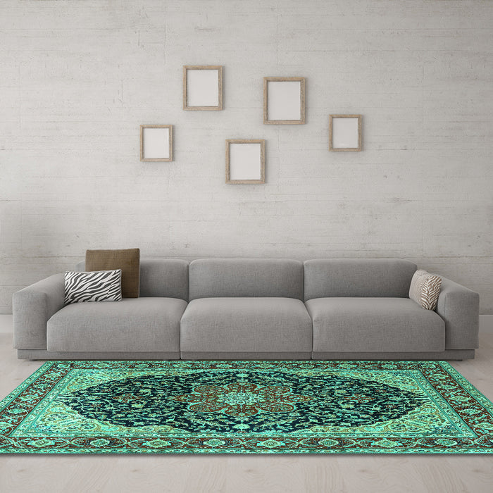 Machine Washable Medallion Turquoise Traditional Area Rugs in a Living Room,, wshtr1052turq