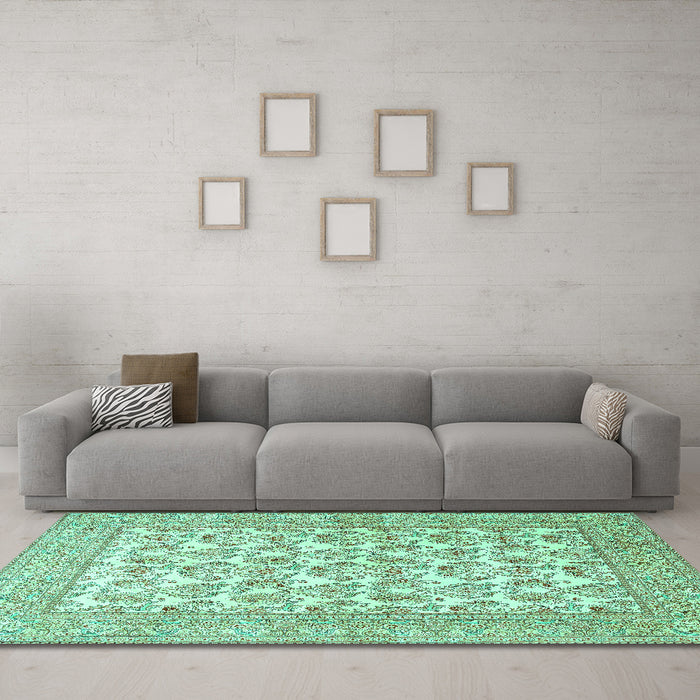 Machine Washable Persian Turquoise Traditional Area Rugs in a Living Room,, wshtr1053turq