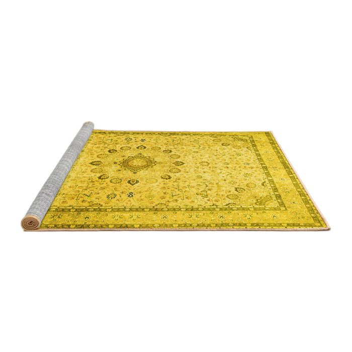 Sideview of Machine Washable Medallion Yellow Traditional Rug, wshtr1054yw