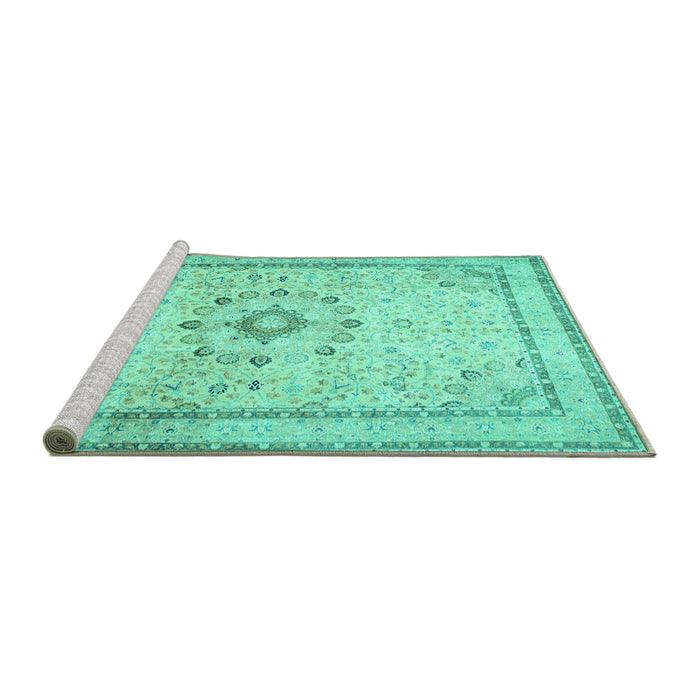 Sideview of Machine Washable Medallion Turquoise Traditional Area Rugs, wshtr1054turq