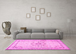 Machine Washable Medallion Pink Traditional Rug in a Living Room, wshtr1054pnk