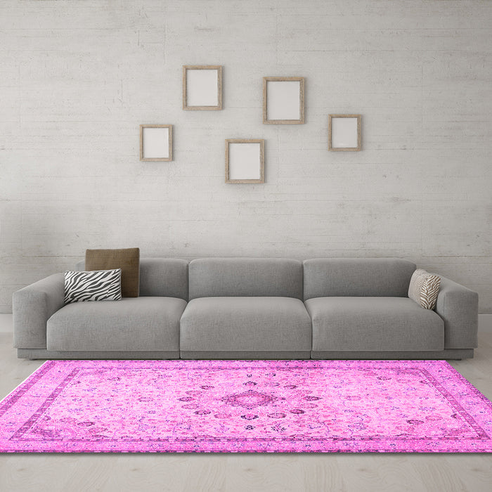 Machine Washable Medallion Pink Traditional Rug in a Living Room, wshtr1054pnk