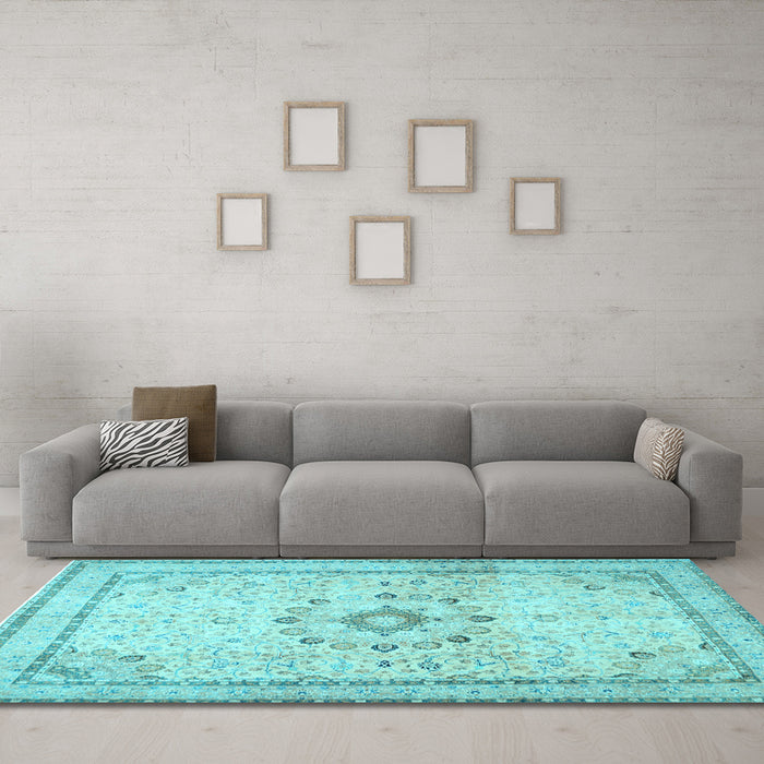 Machine Washable Medallion Light Blue Traditional Rug in a Living Room, wshtr1054lblu