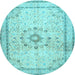 Round Machine Washable Medallion Light Blue Traditional Rug, wshtr1054lblu