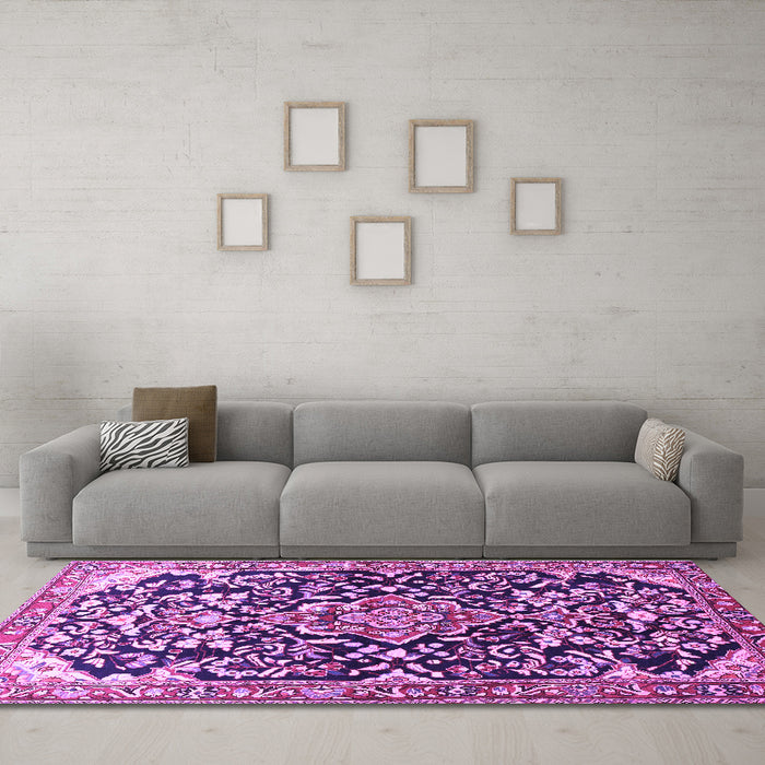 Machine Washable Medallion Purple Traditional Area Rugs in a Living Room, wshtr1055pur