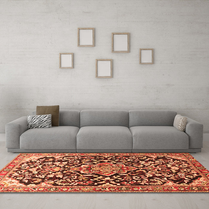 Machine Washable Medallion Orange Traditional Area Rugs in a Living Room, wshtr1055org