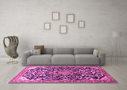 Machine Washable Medallion Pink Traditional Rug in a Living Room, wshtr1055pnk