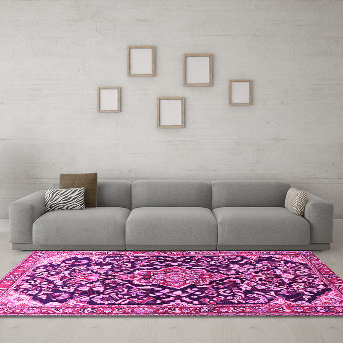 Machine Washable Medallion Pink Traditional Rug in a Living Room, wshtr1055pnk