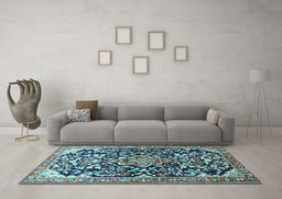 Machine Washable Medallion Light Blue Traditional Rug in a Living Room, wshtr1055lblu