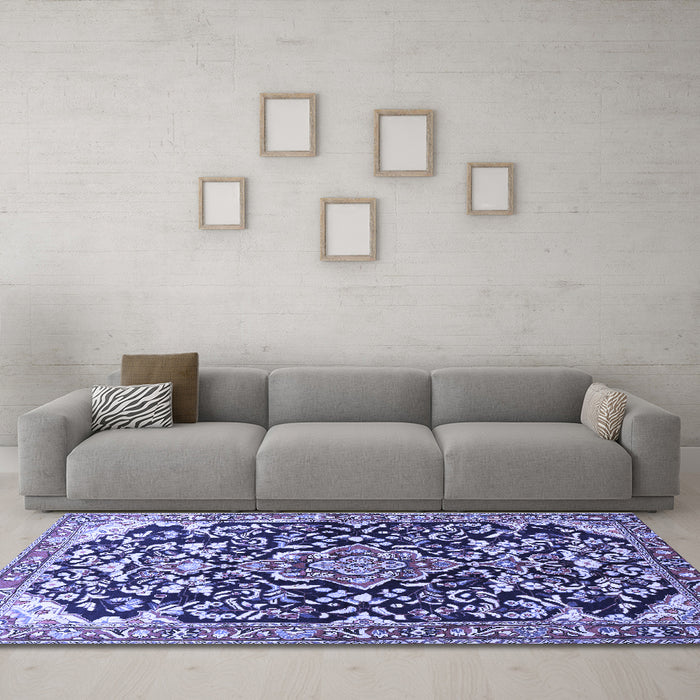 Machine Washable Medallion Blue Traditional Rug in a Living Room, wshtr1055blu