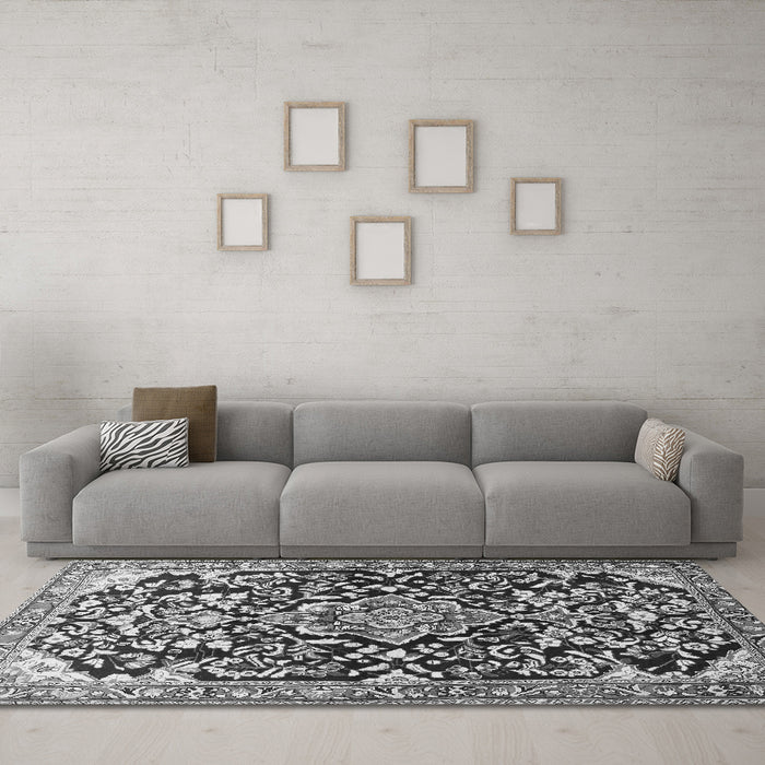 Machine Washable Medallion Gray Traditional Rug in a Living Room,, wshtr1055gry