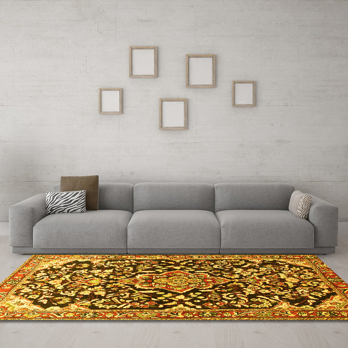 Machine Washable Medallion Yellow Traditional Rug in a Living Room, wshtr1055yw