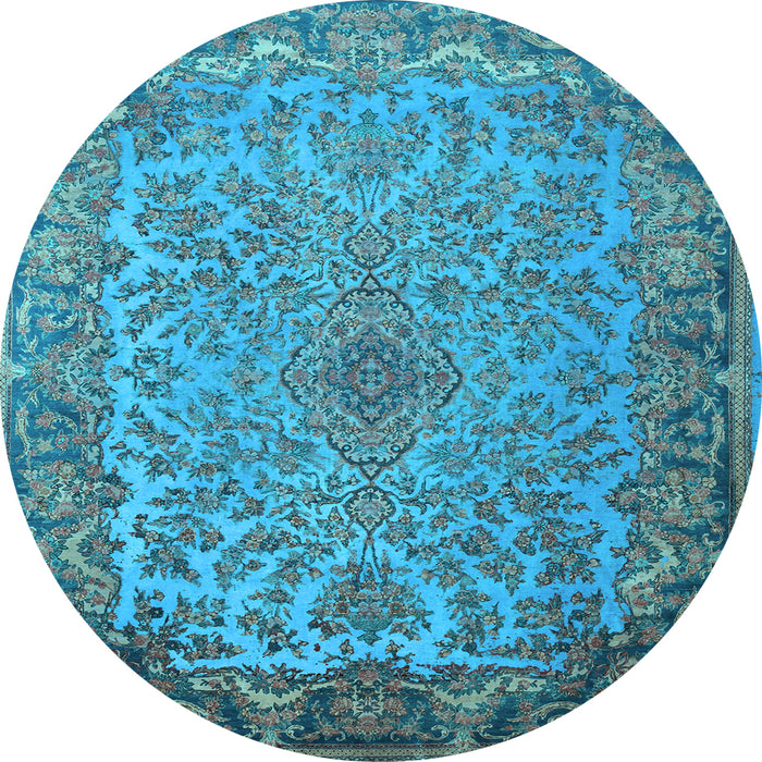 Round Machine Washable Medallion Light Blue Traditional Rug, wshtr1056lblu