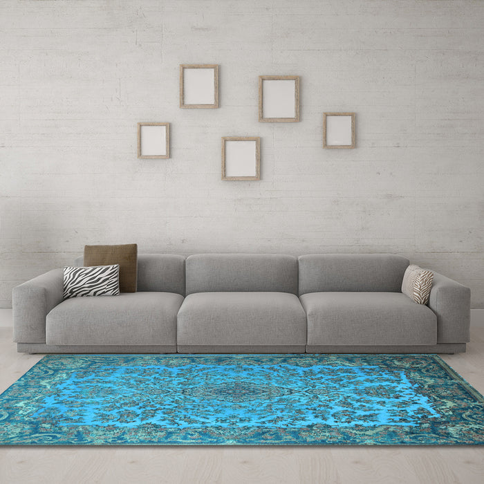 Machine Washable Medallion Light Blue Traditional Rug in a Living Room, wshtr1056lblu