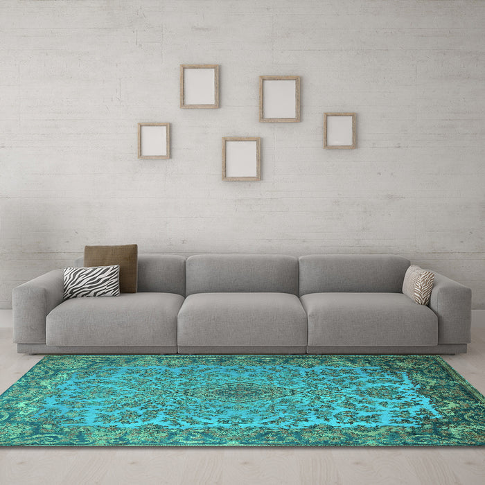 Machine Washable Medallion Turquoise Traditional Area Rugs in a Living Room,, wshtr1056turq
