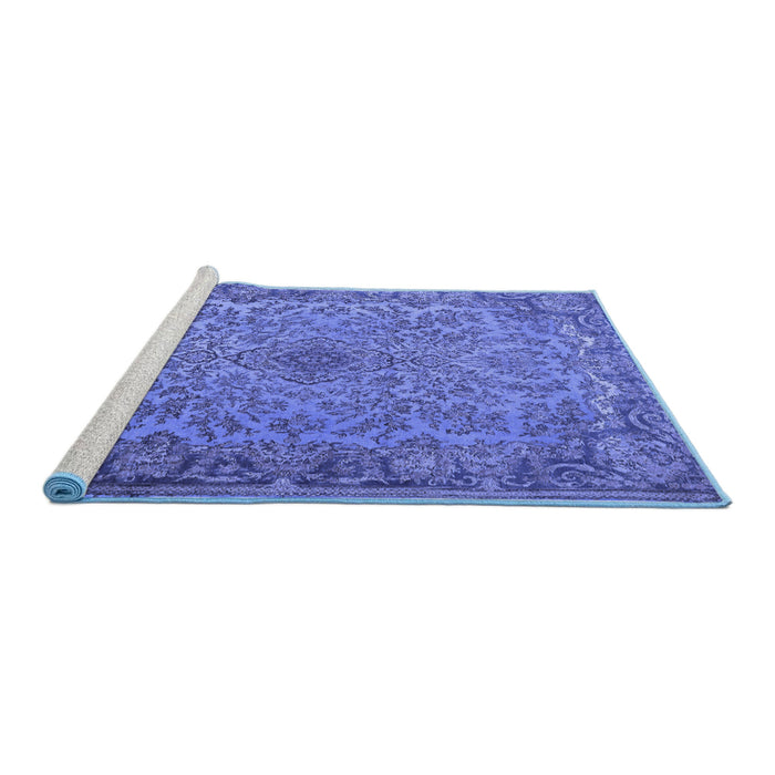 Sideview of Machine Washable Medallion Blue Traditional Rug, wshtr1056blu