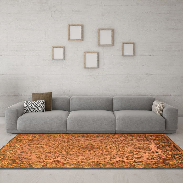 Machine Washable Medallion Orange Traditional Area Rugs in a Living Room, wshtr1056org