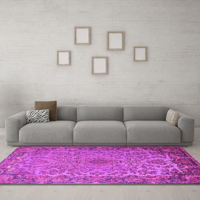 Machine Washable Medallion Pink Traditional Rug in a Living Room, wshtr1056pnk