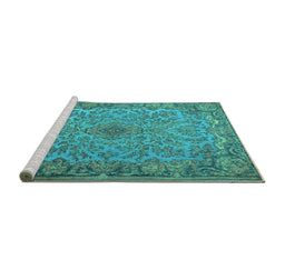 Sideview of Machine Washable Medallion Turquoise Traditional Area Rugs, wshtr1056turq