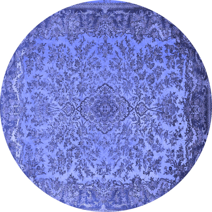 Round Machine Washable Medallion Blue Traditional Rug, wshtr1056blu