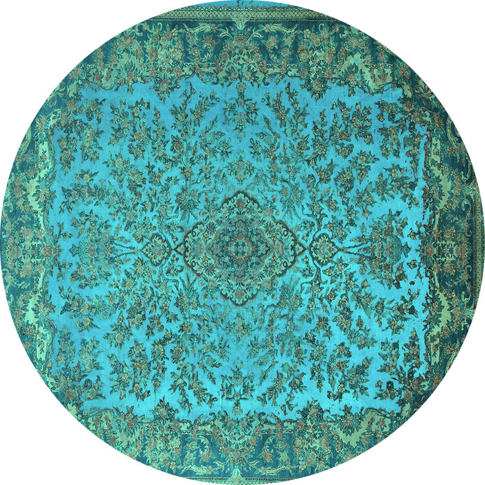 Round Machine Washable Medallion Turquoise Traditional Area Rugs, wshtr1056turq
