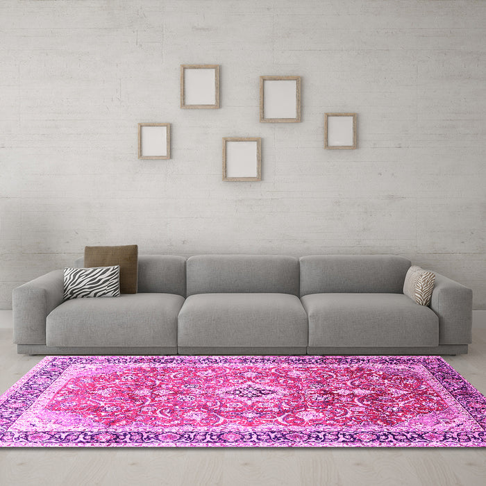Machine Washable Medallion Pink Traditional Rug in a Living Room, wshtr1058pnk