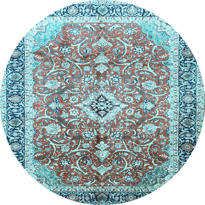 Round Machine Washable Medallion Light Blue Traditional Rug, wshtr1058lblu