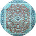 Round Machine Washable Medallion Light Blue Traditional Rug, wshtr1058lblu