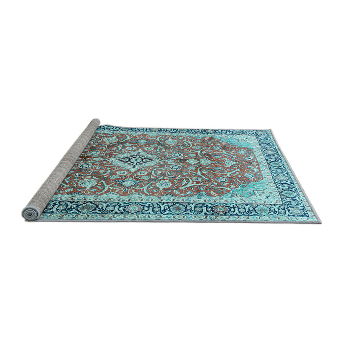 Sideview of Machine Washable Medallion Light Blue Traditional Rug, wshtr1058lblu