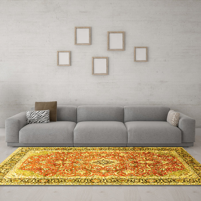 Machine Washable Medallion Yellow Traditional Rug in a Living Room, wshtr1058yw