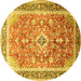 Round Machine Washable Medallion Yellow Traditional Rug, wshtr1058yw