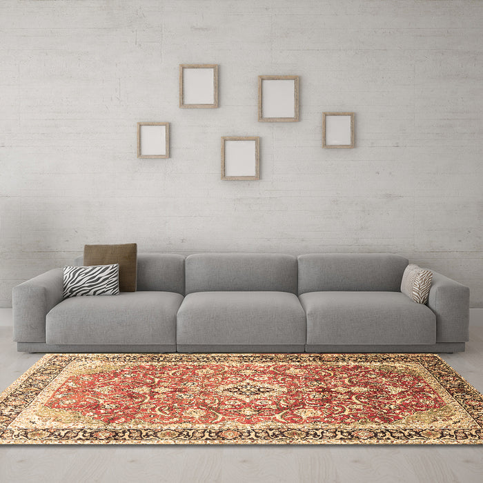 Machine Washable Medallion Brown Traditional Rug in a Living Room,, wshtr1058brn