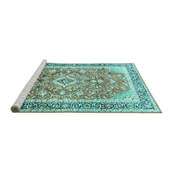 Sideview of Machine Washable Medallion Turquoise Traditional Area Rugs, wshtr1058turq