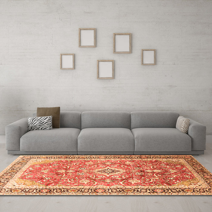 Machine Washable Medallion Orange Traditional Area Rugs in a Living Room, wshtr1058org