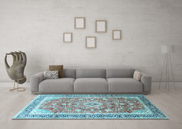 Machine Washable Medallion Light Blue Traditional Rug in a Living Room, wshtr1058lblu