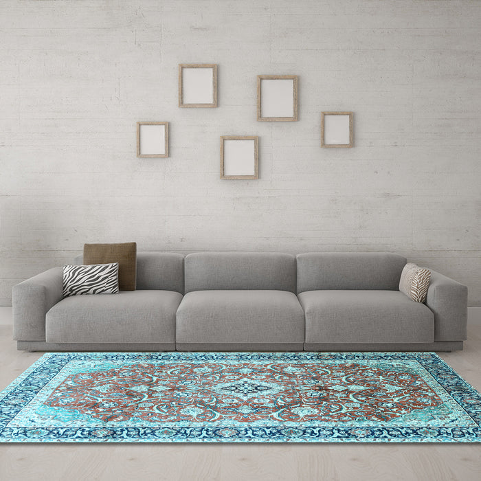 Machine Washable Medallion Light Blue Traditional Rug in a Living Room, wshtr1058lblu